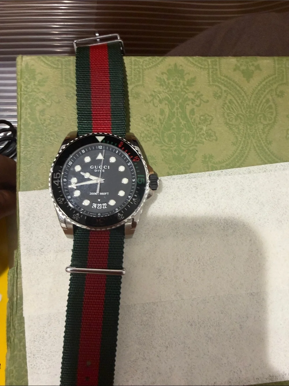 Gucci Black Dial Watch with Green and Red NATO Strap very nice